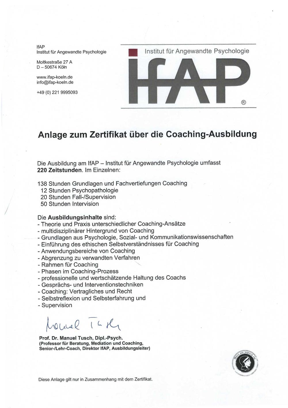 ifAP Anlage zum Zertifikat über die Coaching-Ausbildung von Helga Frank