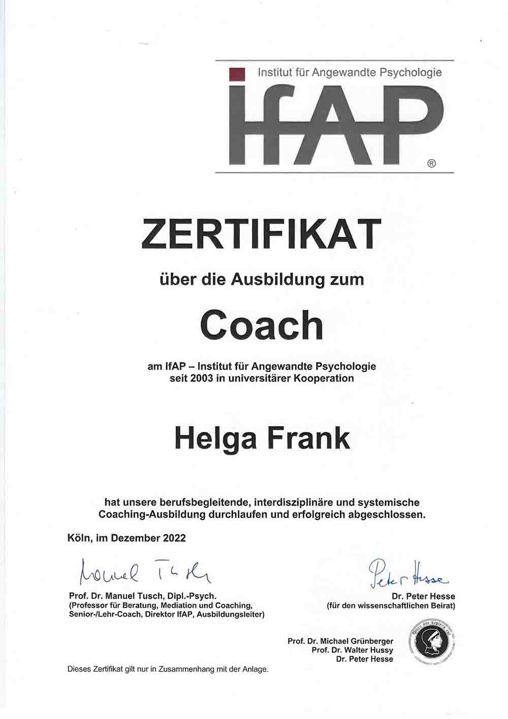IFAP Zertifikat Helga Frank